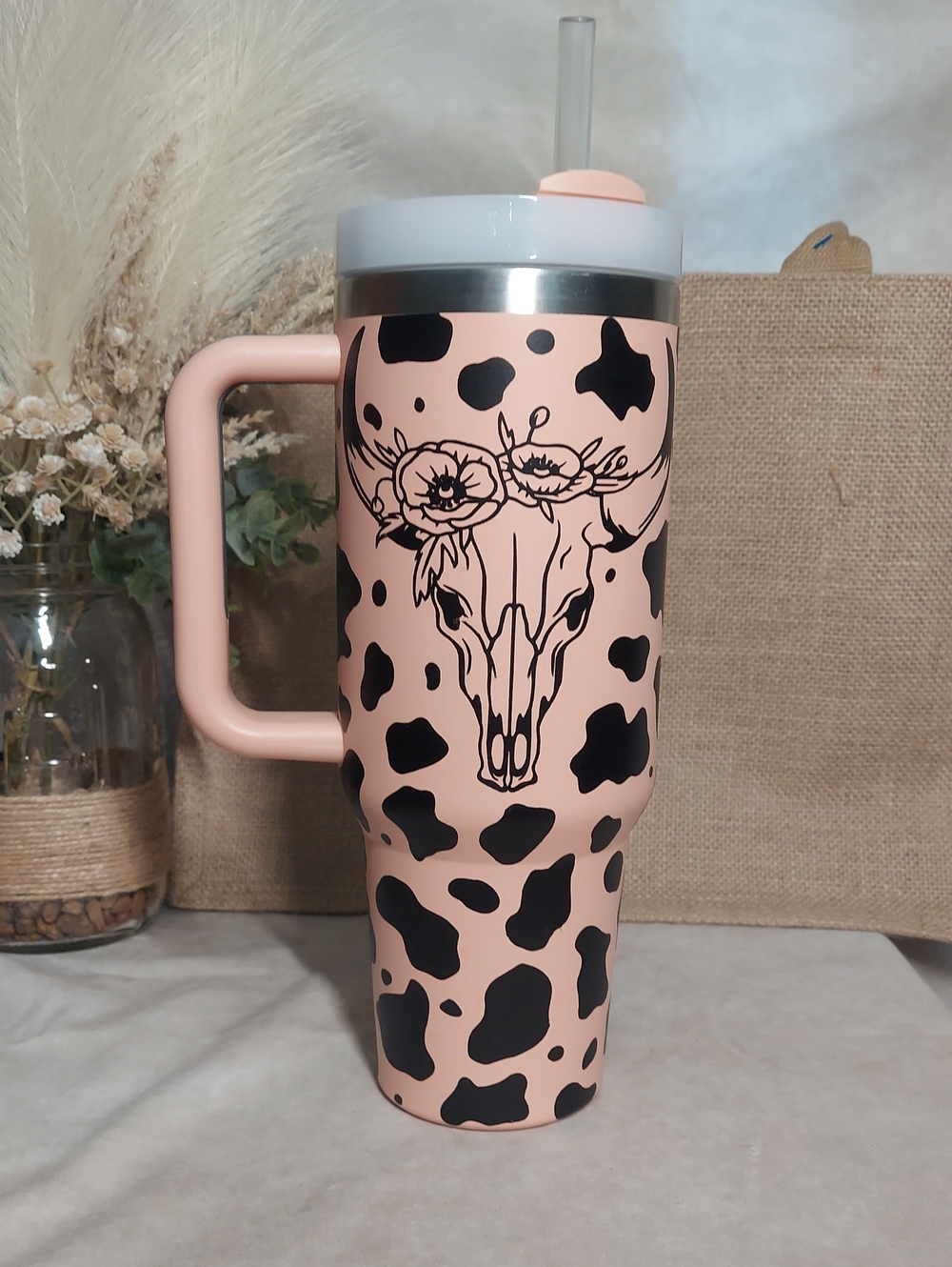 Peach & Black Cow Print Skull 40 oz Insulated Tumbler with Straw